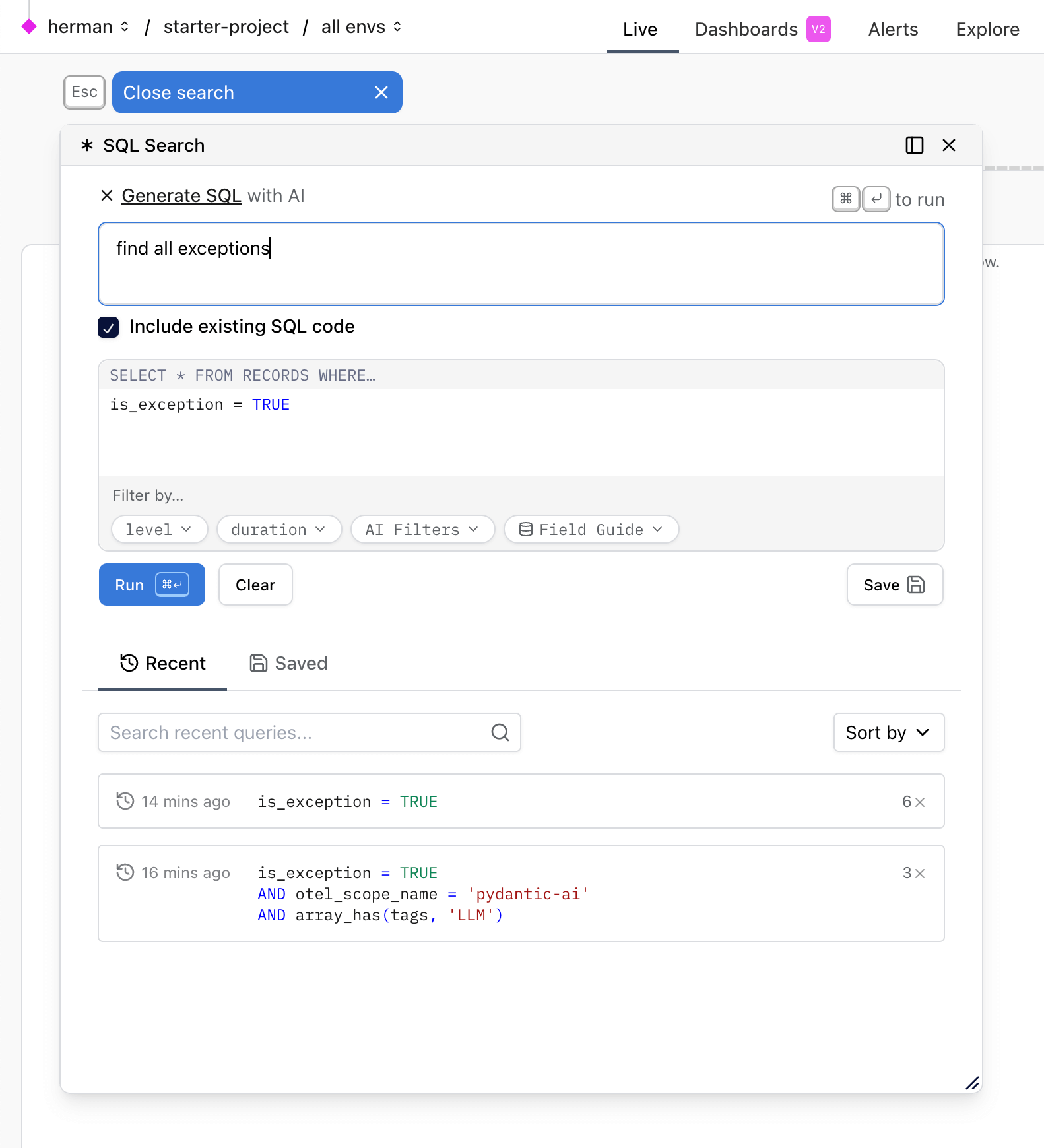 Natural language to SQL